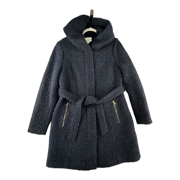 Cole Haan Signature Bouclé Wool Blend Belted Coat Hooded Midnight Blue Womens 12 - Picture 1 of 14